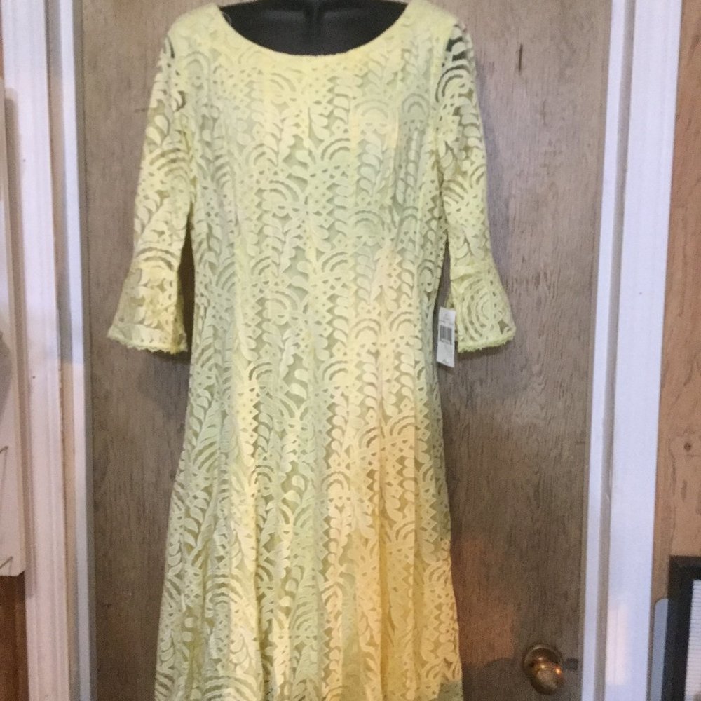 NWT yellow lace dress with lining in dress sleeves sheer bell size 10